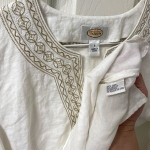 Talbots White Linen Blouse with Tan Embroidery